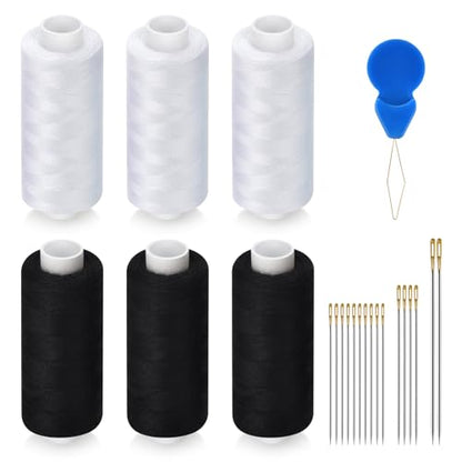 6 Pcs Sewing Thread Kit, 400 Yards Each Spool 402 Polyester Thread with Sewing Needle & Threader, Sewing Threads for Sewing Machine, Hand Stitching, Embroidery - color: 3black+3white