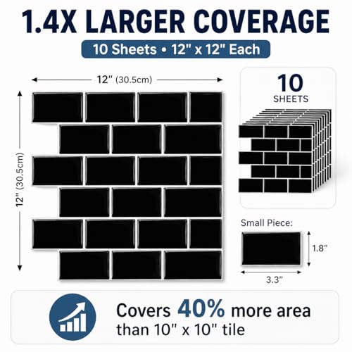 Zimtty Peel and Stick Subway Tile Backsplash for Kitchen Bathroom, Self Adhesive Wall Tiles, 10-Sheet 12"×12" - color: Black