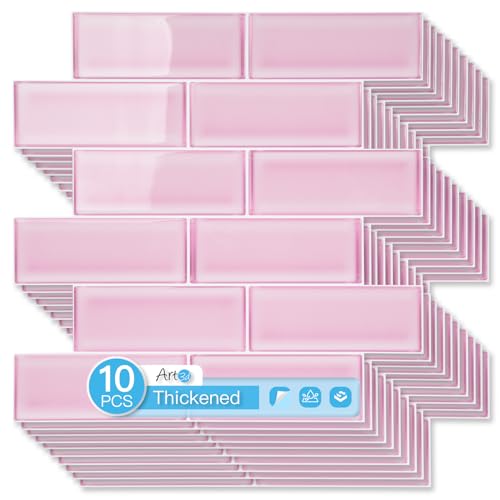 Art3d Seaglass Subway Tile Design Peel and Stick Backsplash, 10-Pack, Pink - color: Pink