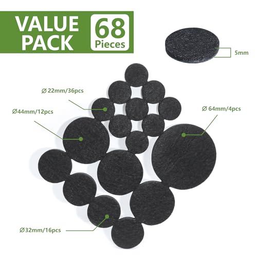 Felt Furniture Pads for Hardwood Floors 68 PCS, Round, Black - size: 68PCS Value Pack Round Black