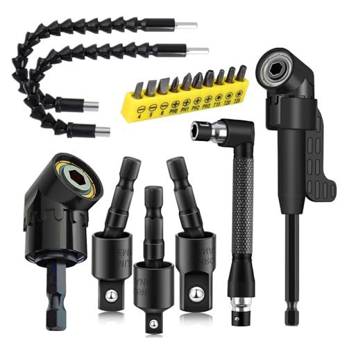 18Pcs Flexible Drill Bit Extension, Include 3Pcs Rotatable Socket Adapter 2Pcs 105° Right Angle Drill Attachment 10 Short Screwdriver Bits 90° Angled Bits and 2 Bendable Extension Tool - color: 18black