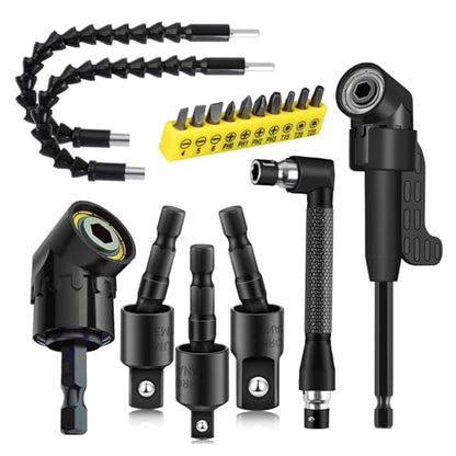 18Pcs Flexible Drill Bit Extension, Include 3Pcs Rotatable Socket Adapter 2Pcs 105° Right Angle Drill Attachment 10 Short Screwdriver Bits 90° Angled Bits and 2 Bendable Extension Tool - color: 18black