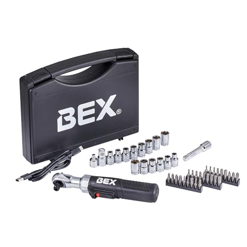 BEX 44pcs 2-in-1 3/8" Electric Ratchet Wrench and 1/4" Right Angle Screwdriver Kit for Tight Spaces USB-C Rechargeable, Socket & Bit Kit