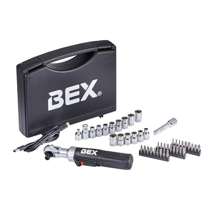 BEX 44pcs 2-in-1 3/8" Electric Ratchet Wrench and 1/4" Right Angle Screwdriver Kit for Tight Spaces USB-C Rechargeable, Socket & Bit Kit