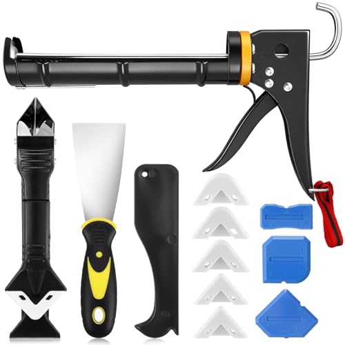 7 Pcs Professional Caulk Gun Kit with Caulk Removal Tool & Putty Knife 5 in 1 Caulking Tool Set for Caulking Removal Home Outdoor Kitchen Bathroom Repairs