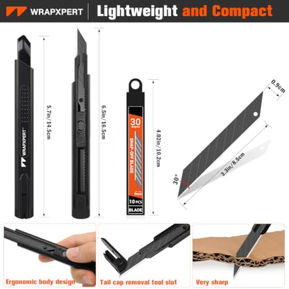 WRAPXPERT Utility Knife Retractable with 30 Degree Snap Off Blade,Box Cutter for Carton,Razor Knife Exacto Craft,3 Pack Retractable Knife for Office,Home Use,with 30 Extra 9mm Blades