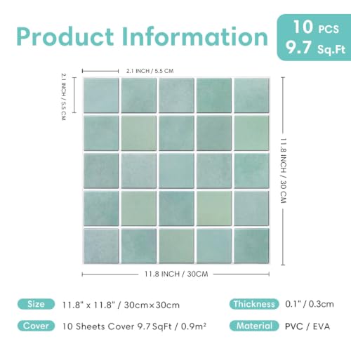 Commomy Matte 3D Peel and Stick Tile,10 Pcs 11.8"x11.8" Light Teal Green - color: Gradient Light Teal Green