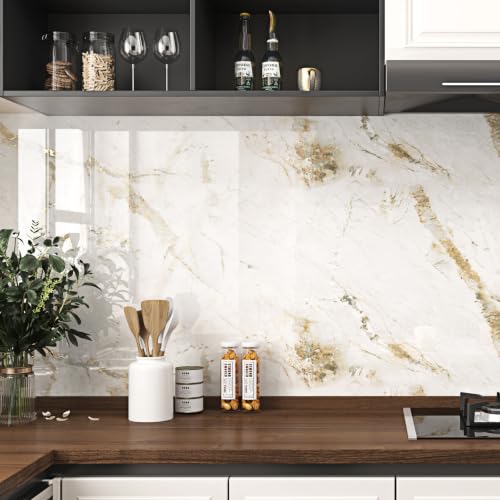 Wallercity Beige Marble Countertop Peel and Stick Glossy Marble Wallpaper - size: 15.8" x 78.7"