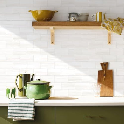 Vamos Tile 100-Piece Glossy Dolomite White Peel and Stick Backsplash Tile,3''x6'' PVC Subway Tile with White Grout, Stick on Backsplash for Kitchen/Bathroom/Fireplace - color: Dolomite White