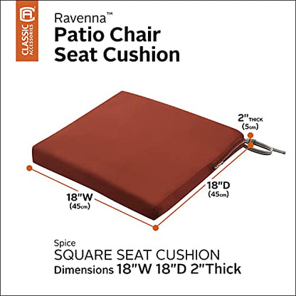 Classic Accessories Ravenna Water-Resistant Patio Chair Seat Cushion, 18 x 18 x 2 Inch, Spice, Patio Furniture Cushions - color: Spice, size: 18"W x 18"D x 2"Thick