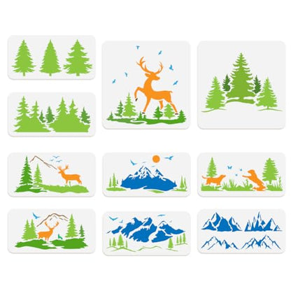 10Pcs Christmas Pine Trees and Deers Wall Stencil Templates Reusable Plastic Forest Stencils for Painting on Wood Wall Floor Fabric Glass Furniture - style: Pine Tree C