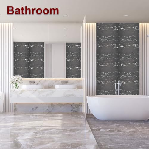 HARFINGTON 15pcs Peel and Stick Marble Tiles, Waterproof Wall Panel Backsplash, 12"x12" PVC Peel and Stick Shower Tiles for Bathroom, Kitchen, Living, White Crystal Dragon Design - style: White Crystal Dragon