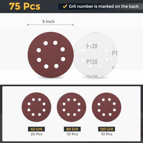HARFINGTON 75Pcs 5Inch Sanding Disc 8 Hole Hook and Loop Sandpaper Red - size: 5 Inch(40/80/120 Grit)