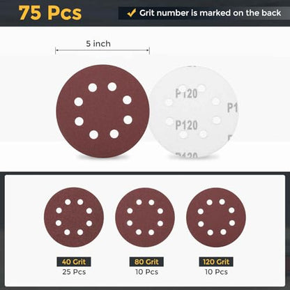HARFINGTON 75Pcs 5Inch Sanding Disc 8 Hole Hook and Loop Sandpaper Red - size: 5 Inch(40/80/120 Grit)