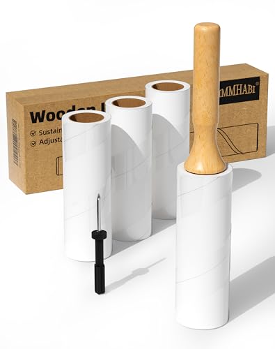 Diagonal Tear Lint Roller with Wooden Handle- 6.3 Inch Refills, 4 Rolls x 100 Sheets with Adjustable Tool | Pet Hair Remover for Furniture, Clothing | Ergonomic Grip, Durable Design