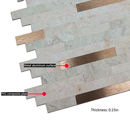 10-Sheet Peel and Stick Backsplash PVC Metal Tile，Self-Adhesive Stone Grain Wall Sticker Easy DIY Stick on Kitchen Bathroom Walls (10, Beige + Brushed Bronze) - color: Beige + Brushed Bronze