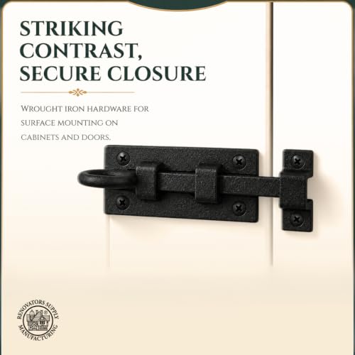 Renovators Supply Manufacturing Black Slide Bolt Door Latch 3 7/8 in. Long Wrought Iron Metal Surface Sliding Bolts with Catch for Cabinet Doors Rust Resistant Security Locks with Hardware Pack of 2 - size: Pack of 2, style: 3.88 inch - Curled Tail
