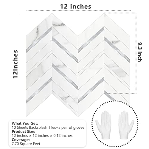 STICKGOO Herringbone Tile Peel and Stick Backsplash for Kitchen&Bathroom - color: White Marble Mixed Silver