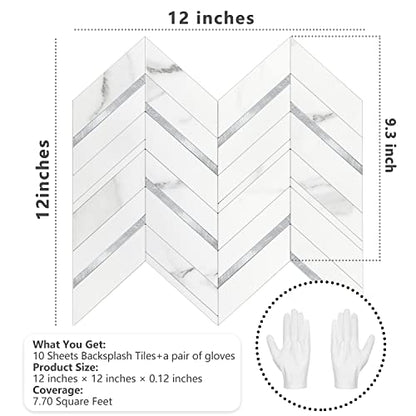 STICKGOO Herringbone Tile Peel and Stick Backsplash for Kitchen&Bathroom - color: White Marble Mixed Silver