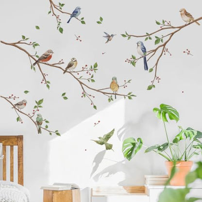 Runtoo Bird on Tree Branch Wall Decals Watercolor Birds Flower Wall Stickers Bedroom Living Room Office Home Decor