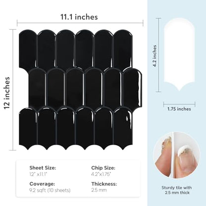 Vamos Tile Peel and Stick Backsplash,Thicker Design, Black,10 Sheets - color: Black with Black Grout