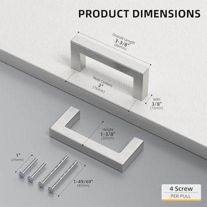 Goldenwarm Brushed Nickel Cabinet Pulls 30 Pack 3 Inch, Square Drawer Handles, Stainless Steel, Screws Included, Silver Kitchen Hardware for Cupboard Closet Furniture Upgrade - size: 3In(76MM) Hole Centers