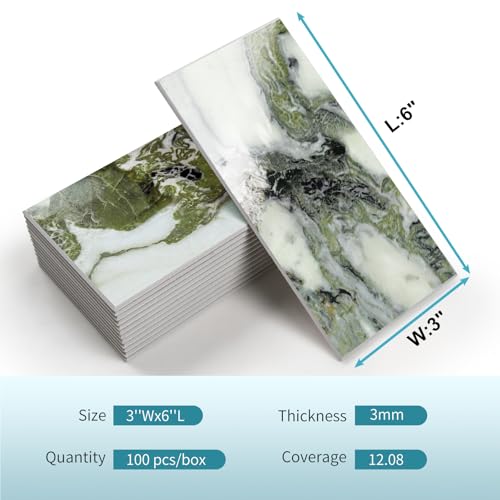 Vamos Tile 100-Pack Peel and Stick Backsplash Tile,3" x 6" Subway Tile - color: Ice Green