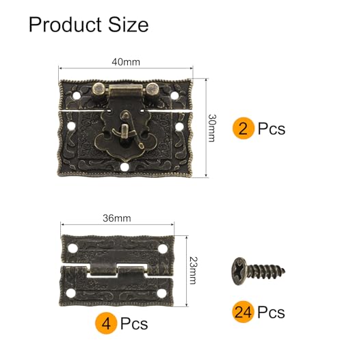 uxcell 2pcs Mini Retro Bronze Alloy Latch Locks and 4pcs Engraved Hinges, 40 x 30mm Latch Buckle and Pattern Hinge with 24pcs Screws for Decorative Cabinet Small Wooden Box - size: 40 x 30mm