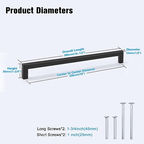 KNOBWELL 20 Pack| 10 inch Flat Black Kitchen Cabinet Handles 256mm Modern Square Cupboard Pulls Bathroom Cabinet Bedroom Vanity Dresser Drawer Handles - color: Matte Black, size: Hole Center:10 inch(256mm)