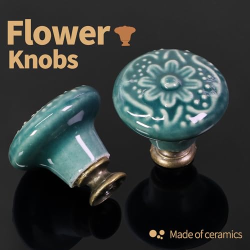 Ceramic Cabinet Knobs, Embossed Floral Design - Green, 20pcs - color: Green