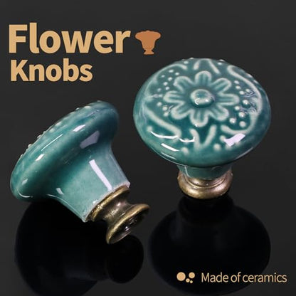 Ceramic Cabinet Knobs, Embossed Floral Design - Green, 20pcs - color: Green