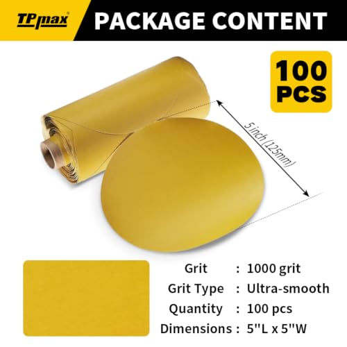 100PCS 5 Inch PSA Sanding Discs 220 Grit | Self-Adhesive Sandpaper Roll for DA Sanders, Orbital Sander | Gold Aluminum Oxide Sticky Back Abrasive Discs for Automotive, Woodworking, and Metal Polishing