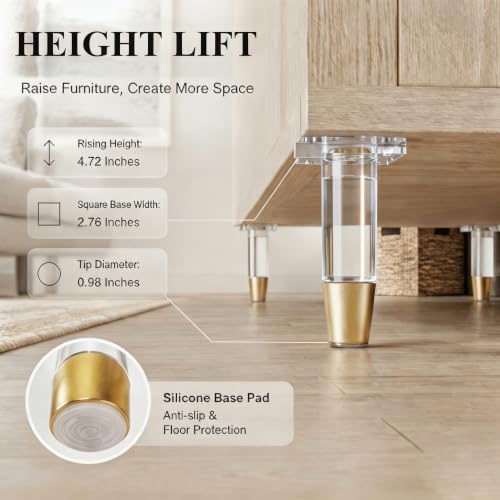 Clear Acrylic Sofa Legs, 4.7 Inch with Brass Tip, 4Pcs - size: H 4.7 Inch