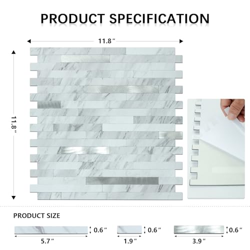Midcard 10 Sheets Peel and Stick Backsplash PVC Wall Tile,for Kitchen Backsplash - color: Rectangular White Marble with Metallic Silver