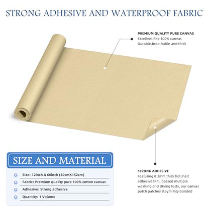 KING MOUNTAIN Canvas Iron on Patch,12"×60",Waterproof 100% Cotton Fabric Repair Patch,Used for Various Sofa,Tent,Clothes,Seats,Suitcases (Camel,Waterproof) - color: Camel, size: Canvas-12x60