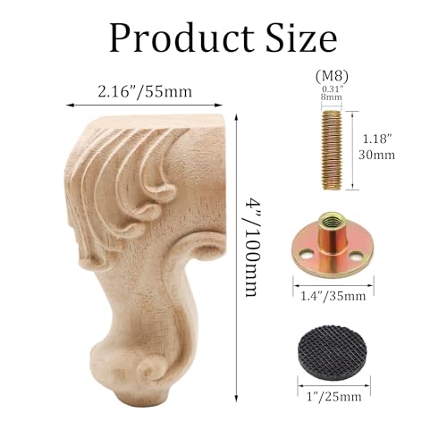 4Pack Solid Unfinished Wood Furniture Legs European Style Carving Replacement Feet for Sofa Cabinet Wardrobe Loveseat Couch Ottoman Coffee Table 10cm 4inch Height - color: C