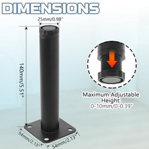 6 Inch Adjustable Steel Furniture Legs 4-Pack 1" Dia (Black) - size: 5.9 Inch