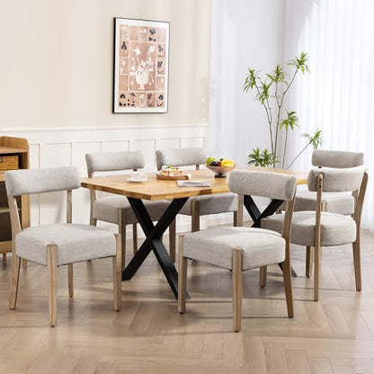 ZJhome Dining Chairs,Set of 6 Mid-Century Modern Wooden Kitchen Chairs with Linen Upholstery - Low-Back Woven Design for Kitchen & Dining Room,Oatmeal Fabric - color: Oatmeal Fabric, size: Set of 6