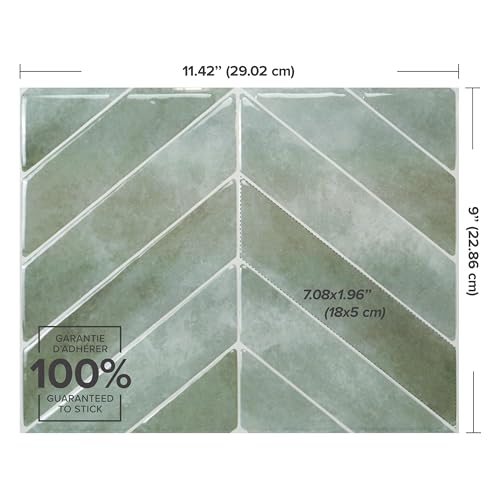SMART TILES Peel and Stick Backsplash - 5 Sheets of 11.43" x 9" - 3D Adhesive Peel and Stick Tile Backsplash for Kitchen, Bathroom, Wall Tile - color: Solna Green
