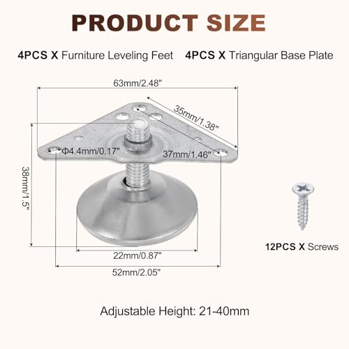 uxcell 4pcs Furniture Leveling Feet Adjustable Metal Feet (38x22x39mm) - size: 38 x 22 x 39mm