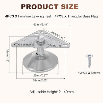 uxcell 4pcs Furniture Leveling Feet Adjustable Metal Feet (38x22x39mm) - size: 38 x 22 x 39mm