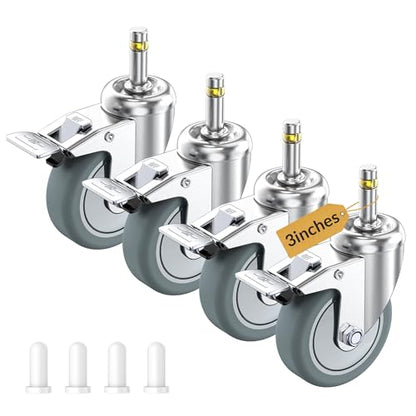 HOLKIE Stem Caster Wheels 3 inch Locking Casters Set of 4, 7/16-Inch Stem Diameter Swivel Castor Heavy Duty TPR Rubber Replacement Castors for Cart, Stool, Mop Bucket, Grill, Shop Vac - style: 3 inch-165LBS(With Brake)