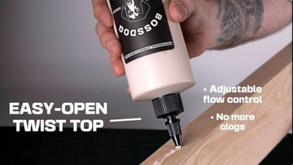 BOSSDOG Clear Dry Wood Glue, Strong Bond, Fast Drying, Cutting Board Safe, Dries Clear, Carpentry Projects, DIY Home Repair, Woodworking, Furniture Repair. Large Bottle, Made by a Maker, for Makers