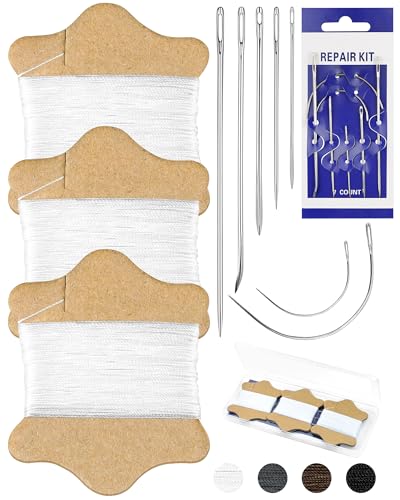 FIVEIZERO Upholstery Repair Sewing Kit, Leather Sewing Kit, 63 Yards Upholstery Thread& 7Pcs Heavy Duty Needles, Leather Thread, Curved Needles for Quilting & Hand Stitching (White) - color: White