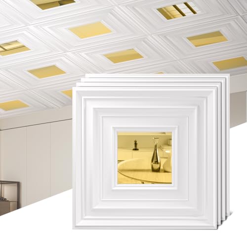 Chejiaye 12 Pack PVC Ceiling Tiles 19.7"x19.7" – Golden Mirror & White 3D Wall Panels for Wall and Ceiling Decoration,Cover 32.3 Sq.Ft – Waterproof,Lightweigh - color: White and gold mirror