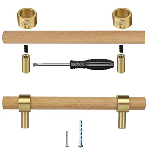 Adjustable Drawer Pulls Natural Wood and Brass Cabinet Handles for Kitchen Cupboard Closet,4Set Boho Wood and Gold Dresser Knob Unfinished DIY Brushed Brass Base 3~5 Inch - size: 3Inch~5 Inch