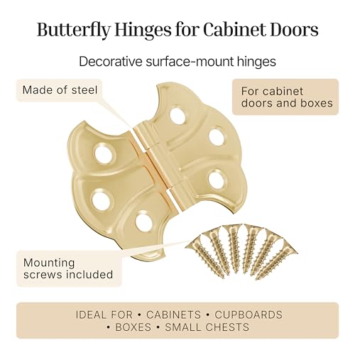 Polished Brass Butterfly Hinges - 2" x 1-7/16" - Pack of 2 - Surface Mount Hinges for Cabinet Doors and Boxes - UA-262-HPB (1) - color: Brass