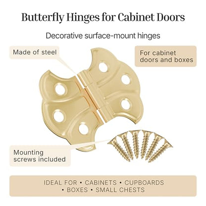 Polished Brass Butterfly Hinges - 2" x 1-7/16" - Pack of 2 - Surface Mount Hinges for Cabinet Doors and Boxes - UA-262-HPB (1) - color: Brass
