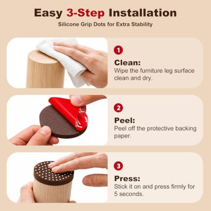 Felt Furniture Pads for Hardwood Floors - Non Slip Chair Leg Protectors with Silicone Gripper Dots - 0.2" Extra Thick Floor Protection for Dining Tables & Chairs, 1 Inch Round, 48 Pack, Brown
