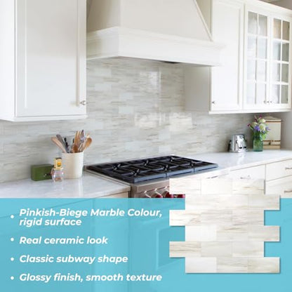STICKGOO 10-Sheet Peel and Stick Backsplash on Subway Tile, Eurasia Biege - color: Polished Eurasia Pinkish-Biege Marble